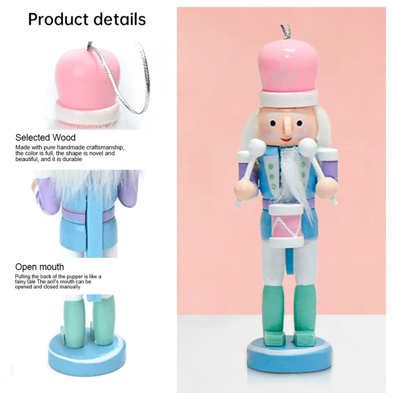 Fünfteiliges Set bunte Nussknacker aus Holz als Weihnachtsanhänger in Macaron-Farben, Höhe: 12 cm - Bild 3