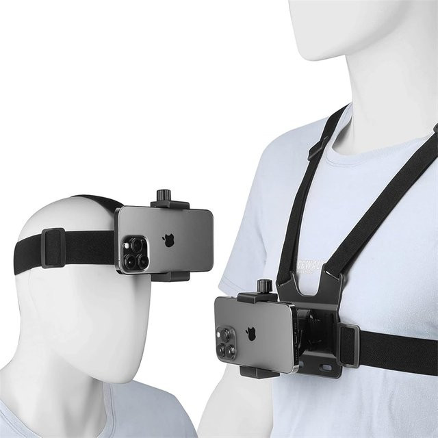 NMEGOU 2-in-1 Handy-Brustgurt und Kopfgurt-Set mit Ständer für iPhone und GoPro in Schwarz - Bild 1