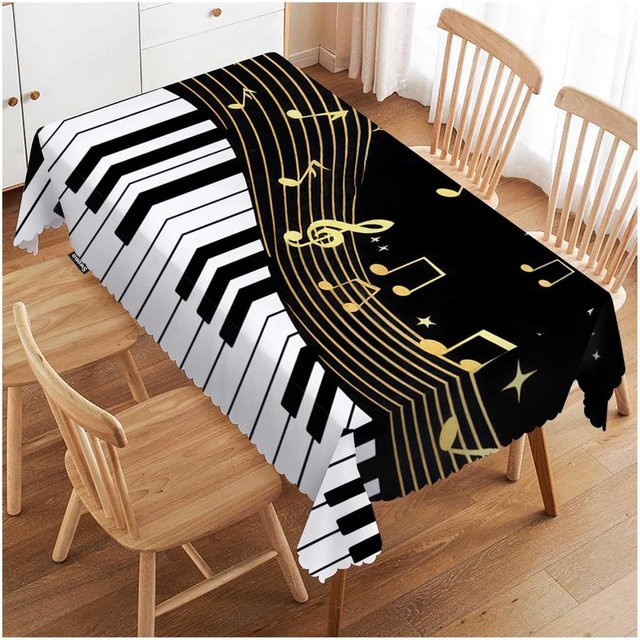 Rechteckige Tischdecke von JMG Household Supplies mit Musiknoten und schwarzem Klavier Motiv, wasserabweisend und waschbar, B/B: 140 x 180 cm - Bild 1