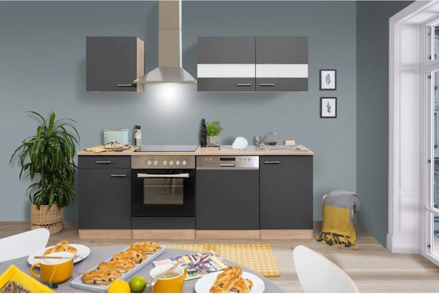 Respekta Küchenzeile KB220ESGC in Grau-Eiche Sägerau Nachbildung Glänzend mit Glastüren und Soft-Close-Funktion, Breite: 220 cm, Tiefe: 60 cm - Bild 1