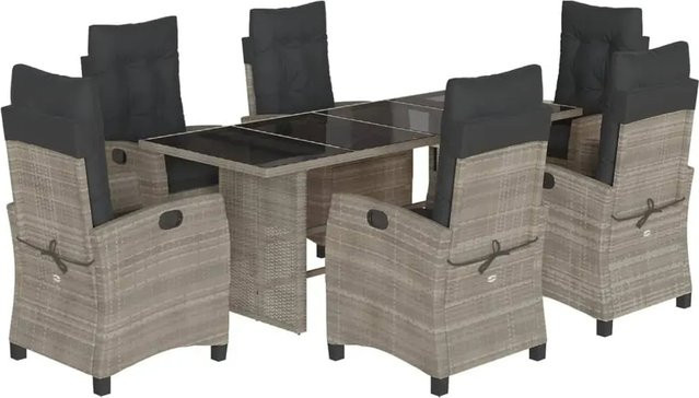 vidaXL 7-teilige Garten-Essgruppe aus Poly-Rattan in Hellgrau mit Kissen und Hartglas-Tischplatte - Bild 1
