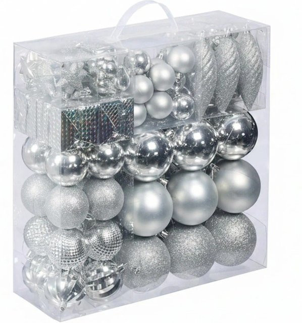 Relaxdays Weihnachtskugeln Set in Silber aus Kunststoff mit Herzen, Sternen und Zapfen, 110er Set, B/T/H: 36 x 36 x 12 cm - Bild 1