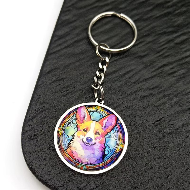 JYTF Schlüsselanhänger Corgi Hund Glas Runde Medaille, Edelstahl, Unisex - Bild 2