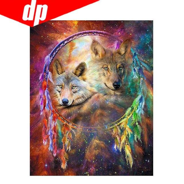 FIYO DIY Diamantmalerei Wolf mit 5D Stickerei als Kreuzstich Bild, Farbe: Beige/Multicolor, B x H: 20 x 30 cm - Bild 1