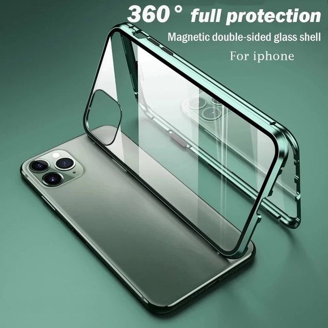 Magnetische Metall-Handyhülle mit 360 Grad Vollschutz und doppelseitiger Glasabdeckung für Apple iPhone in Grün - Bild 1