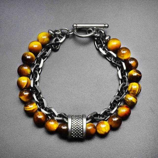 Armband Herren, Edelstahl, Schwarz Weiß, Doppelkettenglied, Perlenarmband - Bild 1