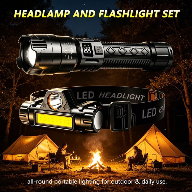 BALDR Tragbare Stirnlampe und Taschenlampe in Schwarz, wiederaufladbar mit COB-Beleuchtung und Batteriestandsanzeige - Bild 1