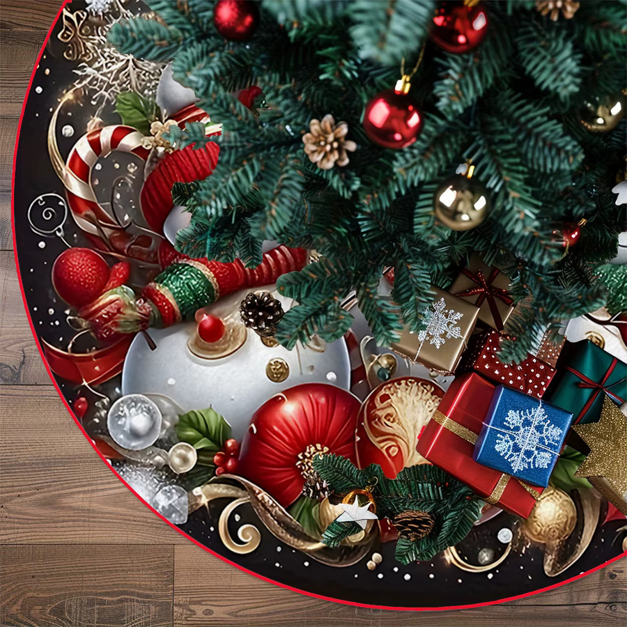 VIKAMA Weihnachtsbaumrock mit Schneemann-Design in Schwarz und Rot für deine Weihnachtsdekoration im Innen- und Außenbereich - Bild 2