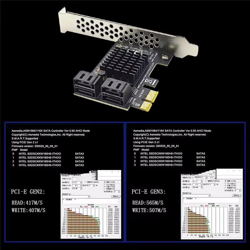 SATA III PCIe-Erweiterungskarte mit 4 Ports und Asm1064-Chip für 6 Gbit/s SSD-Festplatten, RAID-Controller für PCI-E 1X, Schwarz - Bild 3
