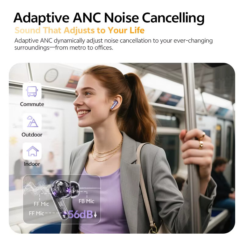 QCY MeloBuds N70 Adaptive ANC Wireless Earbuds in Purple mit Bluetooth 6.0, LDAC Hi-Res Audio, 6 Mikrofonen und Wireless Charging, IPX5 wasserfest - Bild 4
