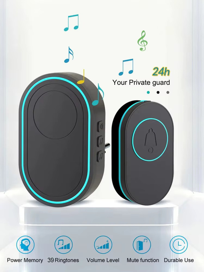 AiHexsm Drahtlose Türklingel mit EU-Stecker, IP67 wasserdichte Smart Home Türklingel mit LED-Blitz und Sicherheitsalarm, Farbe: Schwarz - Bild 2