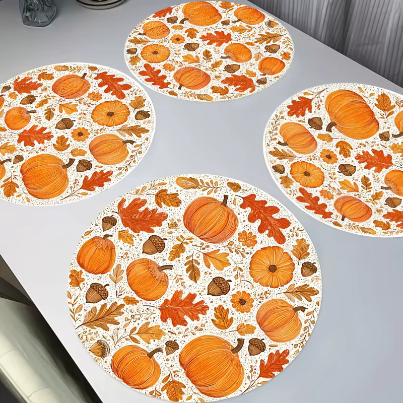 VIKAMA 4er Set Halloween Tischsets mit Kürbis und Eichel Motiv in Mehrfarben, rund, Herbst Dekoration - Bild 2