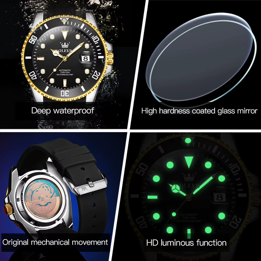 OLEVS Automatikuhr, Silikonarmband, Schwarz, Herren, Datum - Bild 6