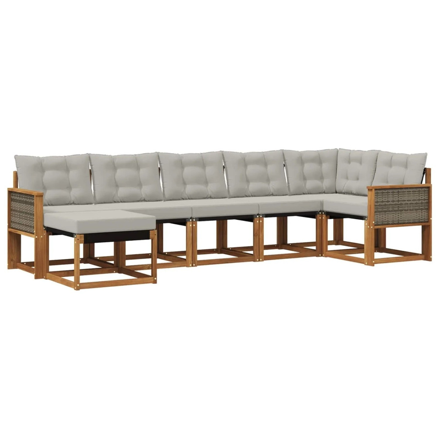 vidaXL Outdoor-Sofagarnitur L-Form aus Akazienholz mit Textilene und Kissen, 7-teiliges Set, Braun und Hellgrau - Bild 2