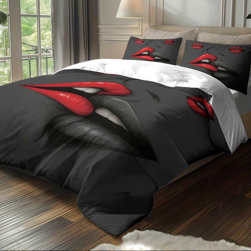 3-teiliges Bettwäscheset JMG Household Supplies mit Lippenmuster in Schwarz, bestehend aus 1 Bettbezug und 2 Kissenbezügen aus Mikrofaser, Breite: 135 cm, Länge: 200 cm - Bild 2