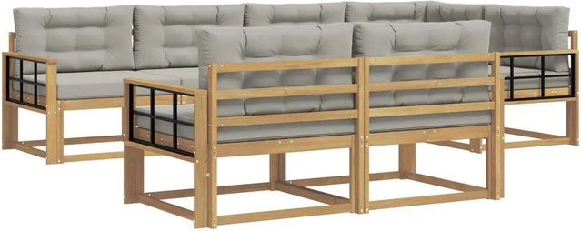 vidaXL Outdoor-Sofagarnitur 6-teilig in L-Form aus Akazienholz mit Polstern in Weiß und Grau - Bild 1
