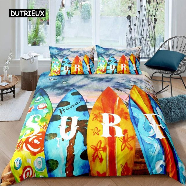 Bettwäsche Set Binchi Outdoor Product mit Surfbrett Motiv in Blau und Multicolour, Microfaser Bettbezug und Kissenbezug mit Reißverschluss, B/H: 135 x 200 cm - Bild 1