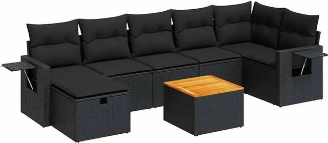 vidaXL 8-teilige Garten-Sofagarnitur in L-Form aus schwarzem Poly-Rattan mit Kissen und Akazienholz - Bild 1