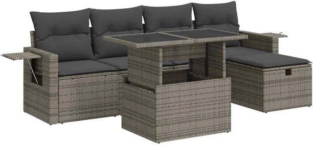 vidaXL 6-tlg. Garten-Sofagarnitur in L-Form mit Kissen und Ottoman, Grau/Schwarz, Poly-Rattan und Metallgestell - Bild 1