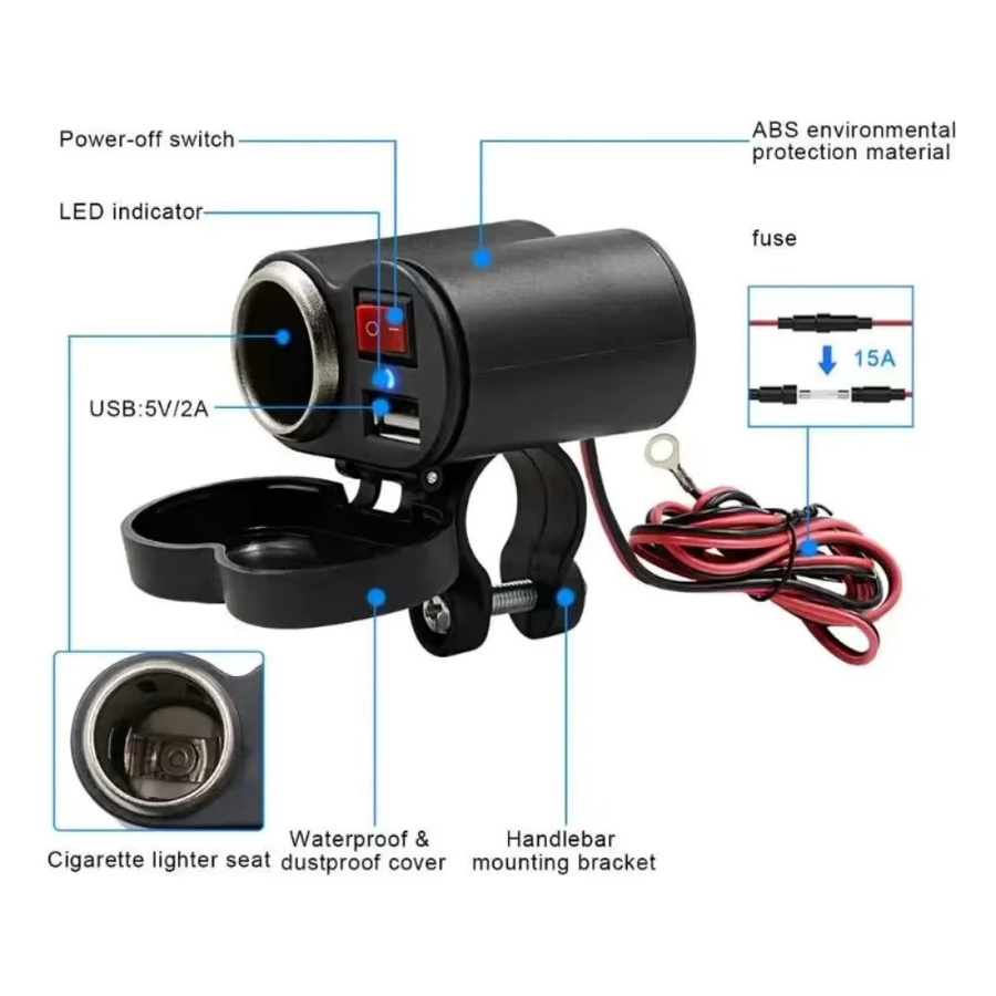 Sikeo 12V Motorrad-Lenker-USB-Ladegerät mit USB-C Anschluss und Schalter, wasserdichte Zigarettenanzünder-Buchse in Schwarz für Mobiltelefone, Tablets und GPS - Bild 4