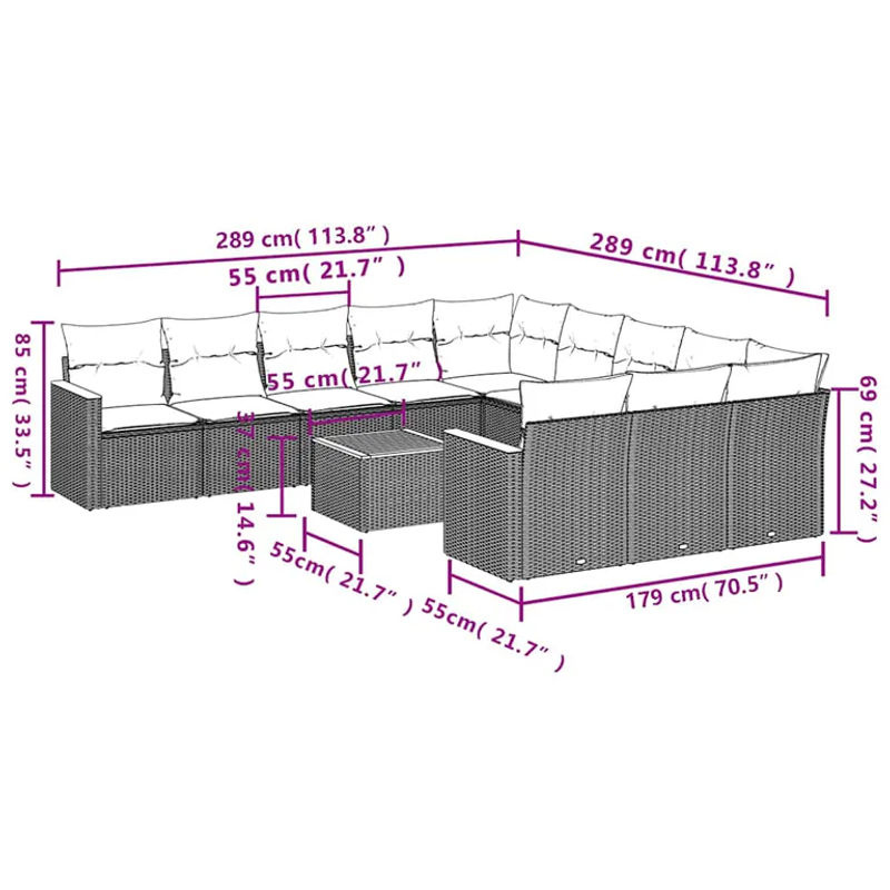vidaXL 12-teilige Garten-Sofagarnitur in L-Form aus schwarzem Poly-Rattan mit UV-beständigen Kissen und pulverbeschichtetem Stahlgestell - Bild 2