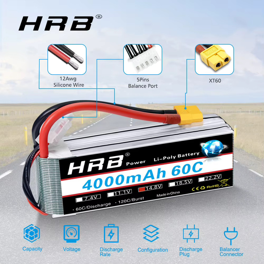 HRB 4S LiPo Akku 14,8 V 4000 mAh 60C mit XT60 Stecker für RC Auto Lkw Flugzeug Drohne und Boot - Bild 5