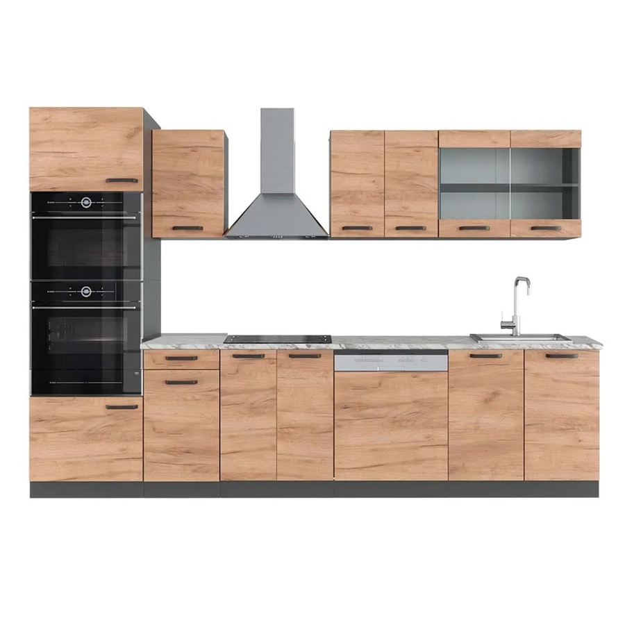 Vicco R-Line Küchenzeile Goldkraft Eiche Anthrazit mit Hochschrank und Arbeitsplatte in Marmor Optik Breite: 300 cm - Bild 1