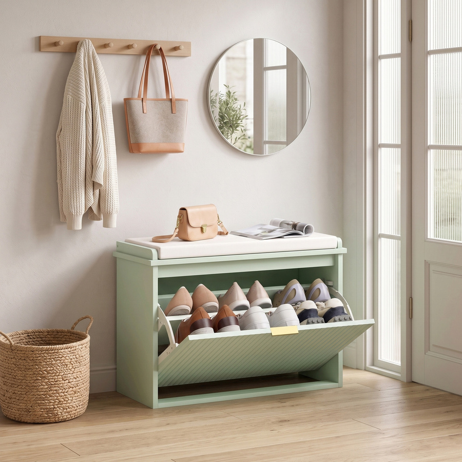 HOMCOM Schuhbank mit gepolstertem Sitzkissen und klappbarem Schubfach in Grün, B/T/H: 62 x 26 x 47,5 cm - Bild 2
