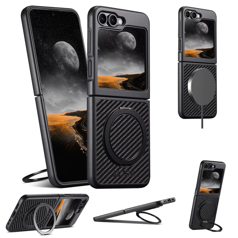 SUTENI Handyhülle aus Kunstleder mit Magnet, kabellosem Laden und 360 Grad drehbarem Ständer sowie Ringschnalle für Samsung Galaxy Z Flip 7, Z Flip 6 und Z Flip 5 in Schwarz - Bild 7
