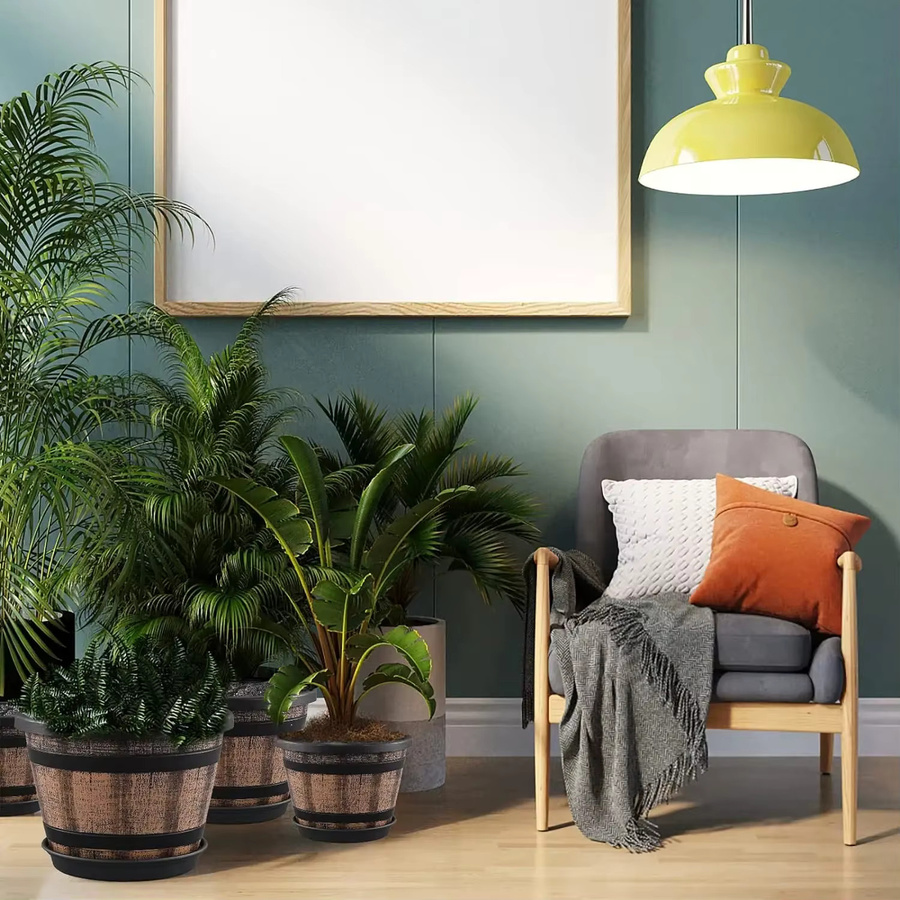 Braunes Kunststoff-Pflanzgefäß in Weinfass-Optik für Garten und Innenbereich - Bild 3