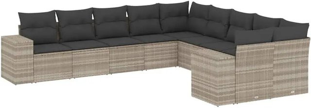 vidaXL 10-tlg. Garten-Sofagarnitur in L-Form aus Polyrattan mit Kissen, Hellgrau - Bild 1