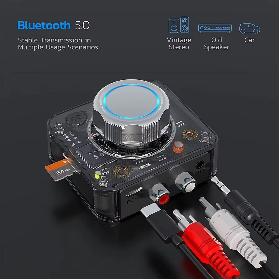 VIKEFON Bluetooth 5.0 Empfänger mit 3D Stereo, TF-Karte und RCA sowie 3,5mm AUX Jack, Wireless Adapter für Lautsprecher, Verstärker und Auto Audio, Schwarz - Bild 2
