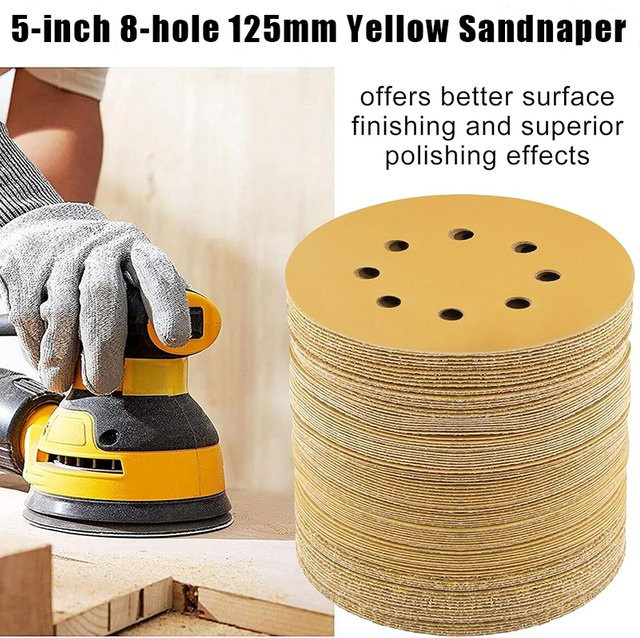 TQLQ Schleifscheiben Set mit 8 Löchern und Hakenschlaufe, 5 Zoll, Gelb, Körnung 40–800, 10 Stück, Dremel Zubehör - Bild 1