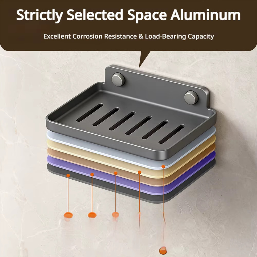 Fooke Wandmontierter Seifenbehälter aus Aluminium in Grau/Weiß, Selbstklebende Seifenschale und Seifenablage für dein Badezimmer - Bild 3