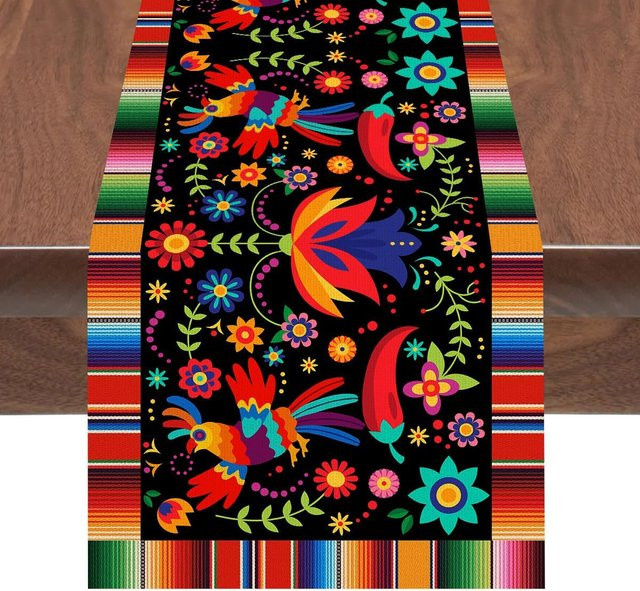 JINGYUE Pet Mexikanische Fiesta Leinen Tischläufer in Blau und Multicolour, B/L: 150 cm x 33 cm - Bild 1