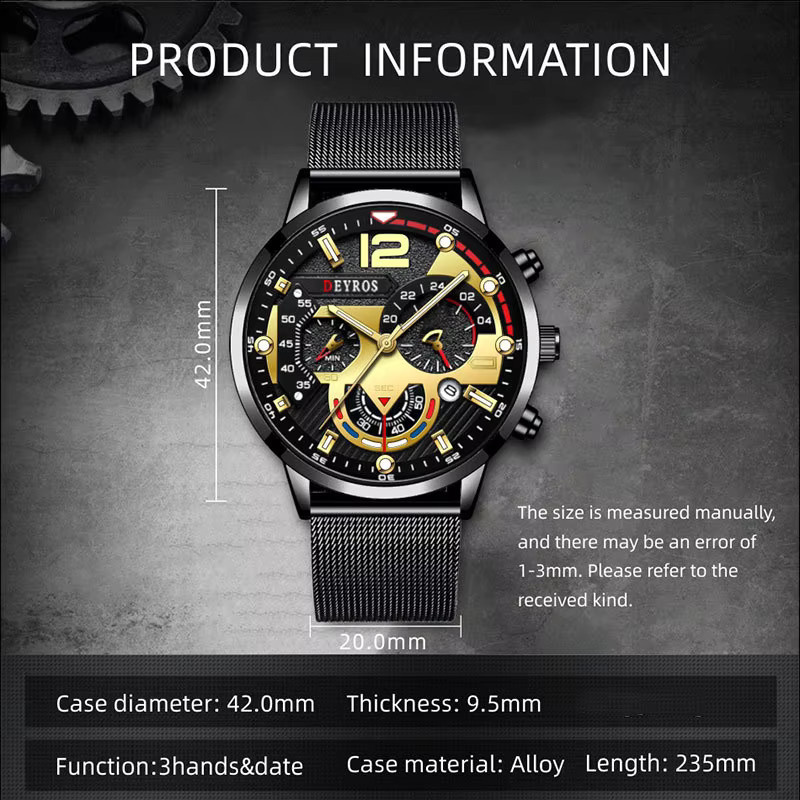 DEYROS Armbanduhr, Quarz, Edelstahl, Milanaise, Schwarz, Silber, Herren - Bild 2