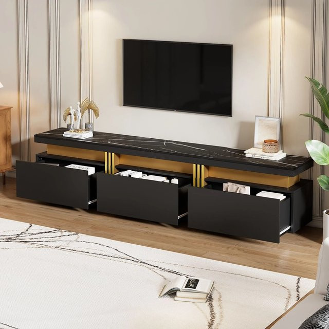 Merax TV Lowboard in Marmoroptik mit 3 Schubladen und Kabelmanagement, Farbe: Schwarz/Holz, B/T/H: 200 x 40 x 42 cm - Bild 1