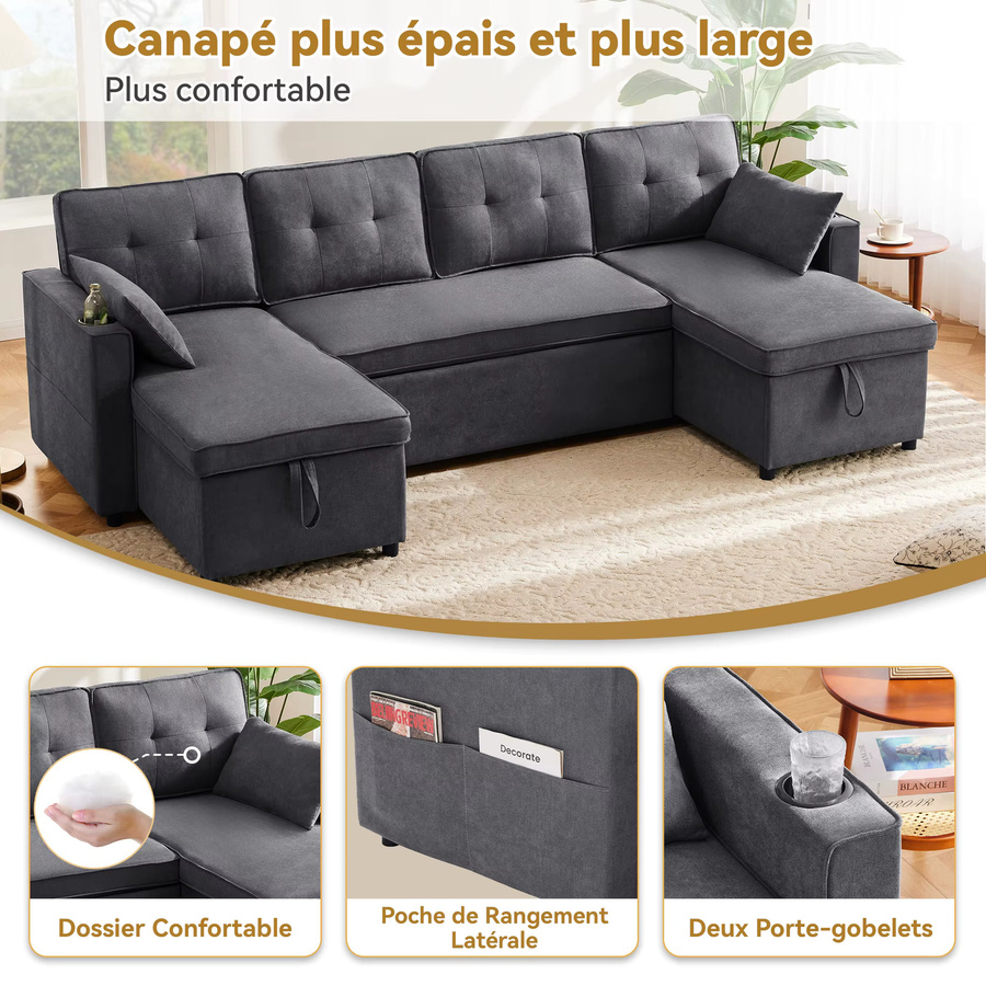 Okwish U-förmiges Polstersofa aus Baumwoll- und Leinenstoff mit Schlaffunktion, Getränkehalter und Stauräumen in Beige oder Grau - Bild 2