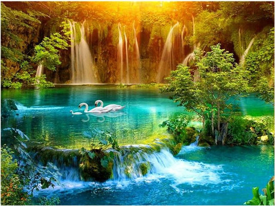 FIYO Diamond Painting Set Landschaft mit Schwan und Wasserfall, Mehrfarbig, B/H: 30 x 20 cm - Bild 1