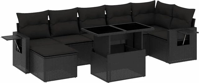 vidaXL 8-teilige Garten-Sofagarnitur in L-Form aus schwarzem Poly-Rattan mit Kissen und pulverbeschichtetem Stahlgestell - Bild 1
