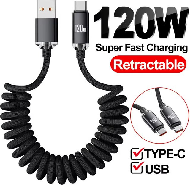 VBNM USB-C auf Typ-C Schnelllade-Spiralkabel 120W, einziehbares Kfz-Ladekabel in Schwarz für iPhone 17/16/15, Samsung und Xiaomi - Bild 1