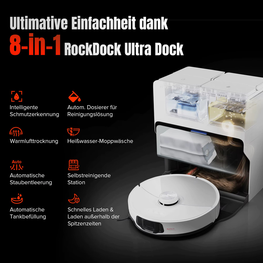 Roborock S8 MaxV Ultra Saugroboter mit Wischfunktion, Weiß, 10.000 Pa Saugkraft, Heißwasser-Moppwäsche und ausziehbarer Seitenbürste, Generalüberholt - Bild 3