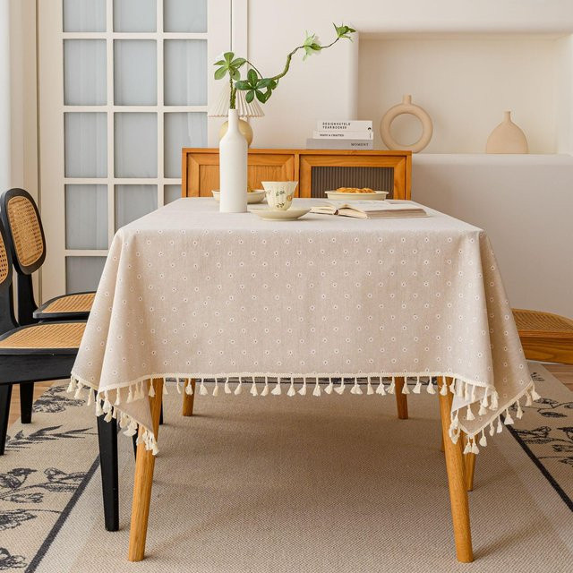 Vintage Tischdecke von Super Six aus Baumwolle und Leinen mit Blumenmuster und Quasten in Beige, B/T: 140 x 180 cm - Bild 1