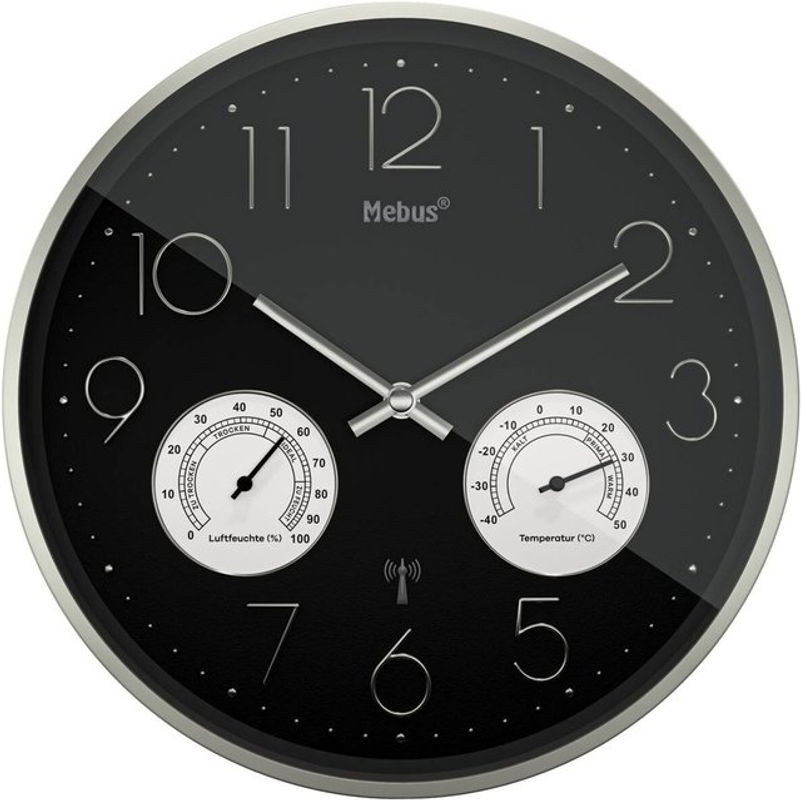 Mebus Wanduhr rund in Schwarz und Silber mit Funkuhr, Thermometer und Hygrometer, Durchmesser: 30 cm - Bild 1
