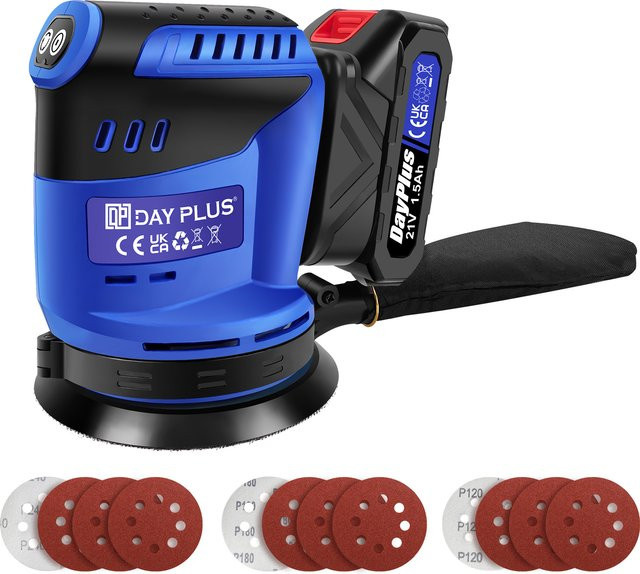 21V Akku-Exzenterschleifer in Blau mit 190W Leistung, 3-stufig einstellbar und 11000 OPM max., inklusive Staubbeutel und 12 Schleifpapierblättern für Holz, Metall und Farbe - Bild 1