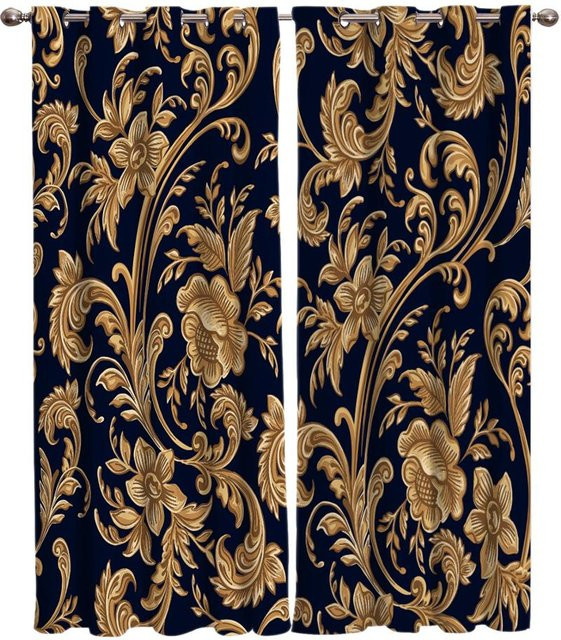Super Six Barocke Fenstervorhänge mit goldenem Blumenmuster, semi-transparent, B: 135 cm, H: 245 cm - Bild 1