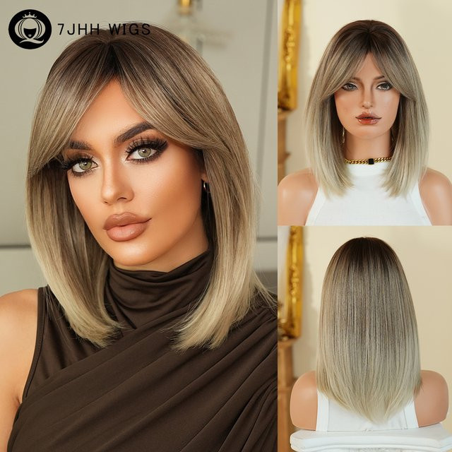 7JHH WIGS Perücke Damen, schulterlang, glatt, aschbeige Ombre, synthetisch - Bild 1