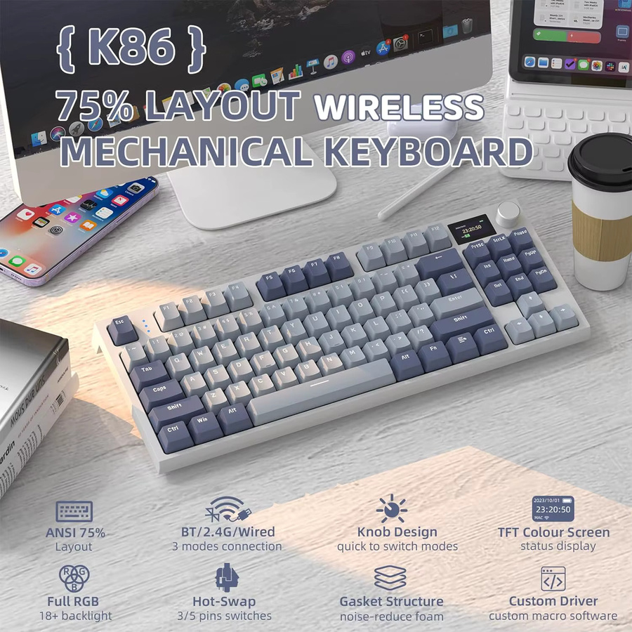 Attack Shark Rk86 Mechanische Gaming-Tastatur in Peppermint mit 75% TKL Layout, Tri-Mode Verbindung (Bluetooth, Wi-Fi, Kabel), Hot-Swap, RGB-Hintergrundbeleuchtung, Gasket Mount und LED Smart Display - Bild 3