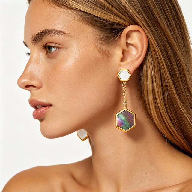 amofa Ohrringe, Sechseck-Abalone, Edelstahl, Gold, Damen - Bild 1