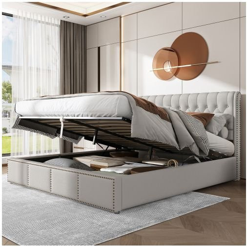 Gepolstertes Doppelbett MUVOE mit Baumwoll-Leinen und dekorativen Nieten, Hellgrau, Breite: 160 cm, Tiefe: 200 cm - Bild 1